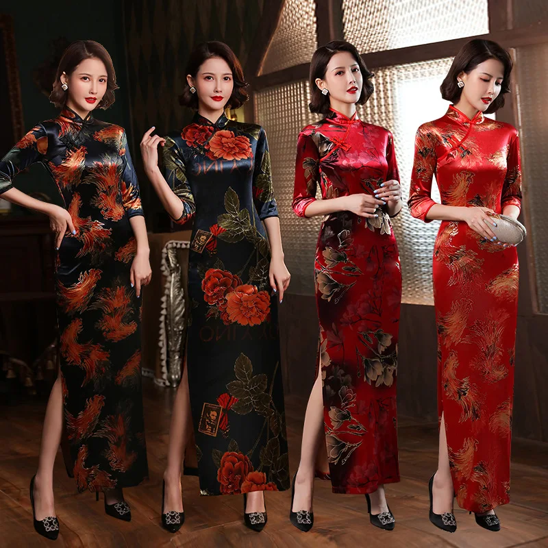 

4 Color Velvet Cheongsam Plus Size Long Sleeve Vintage Improved Women Dress Slim-fit Elegant Qipao S To 5XL
