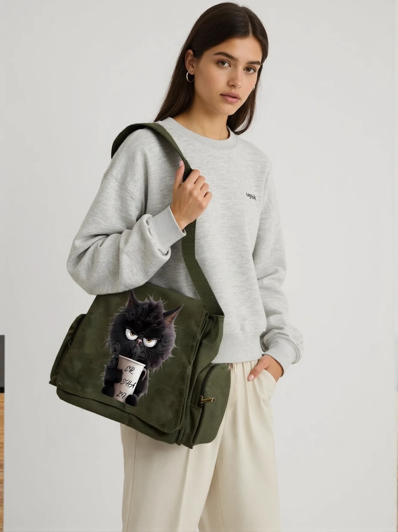 Cat Printed Women's Shoulder Bags Large Capacity Canvas Messenger Bag Multiple Pockets Crossbody Bag For Women