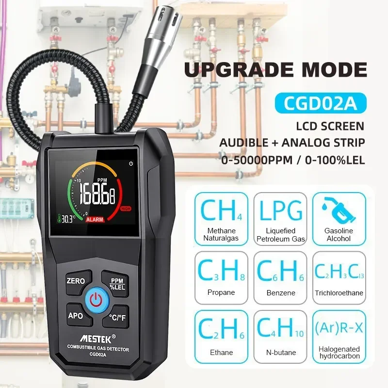 

Combustible Gas Leak Detector Flammable Natural Gas Detector Methane Alcohol LPG Analyzer PPM LEL Buzzer Alarm with Flex Probe