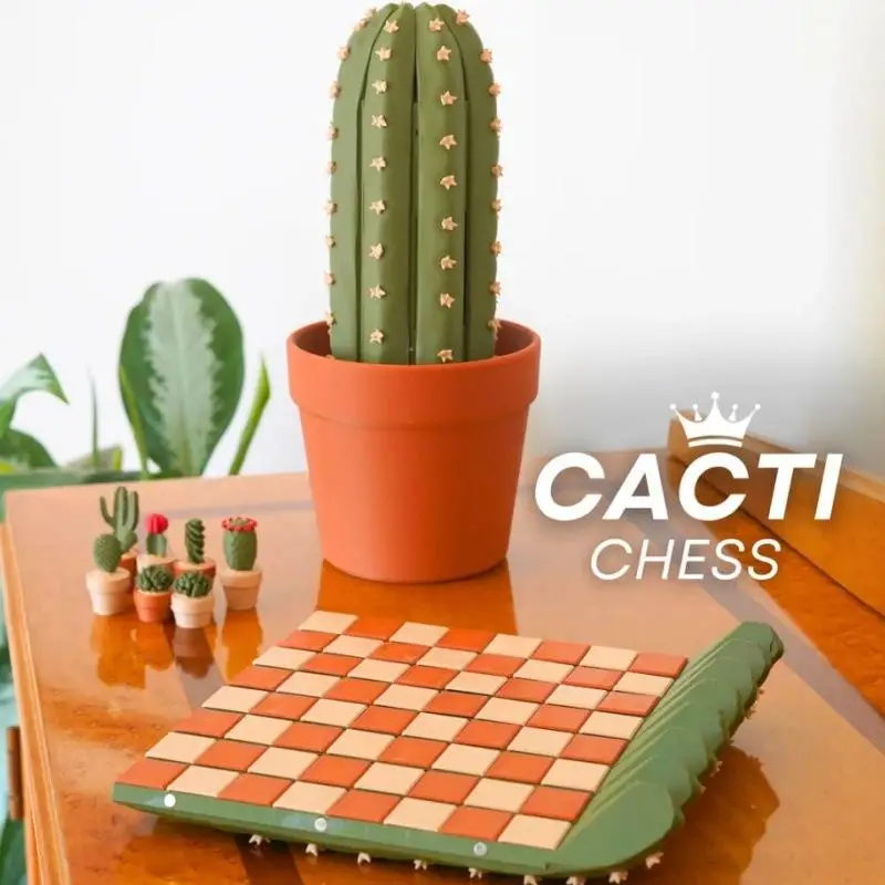 3D Printed Resin Cactus Roll Chessboard Set Desktop Ornament Foldable Kill Time Decor Chess Toys Home Office Craft Printed Gifts