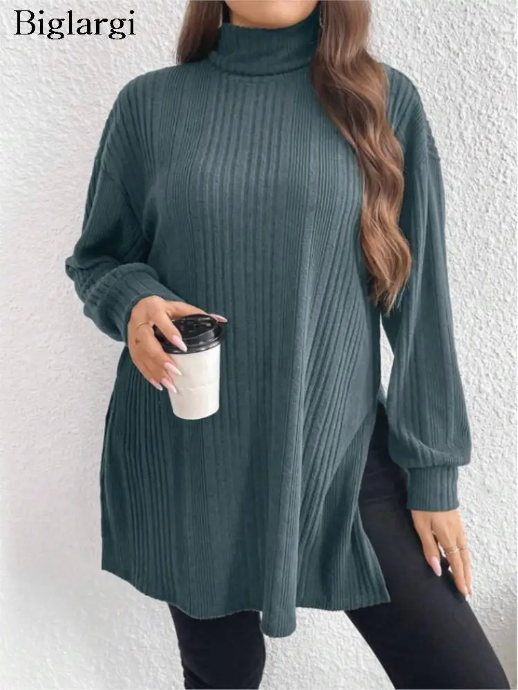 

Plus Size Knitted Autumn Winter Turtleneck Pullover Tops Women Split Modis Loose Pleated Ladies Sweaters Casual Woman Tops 2023