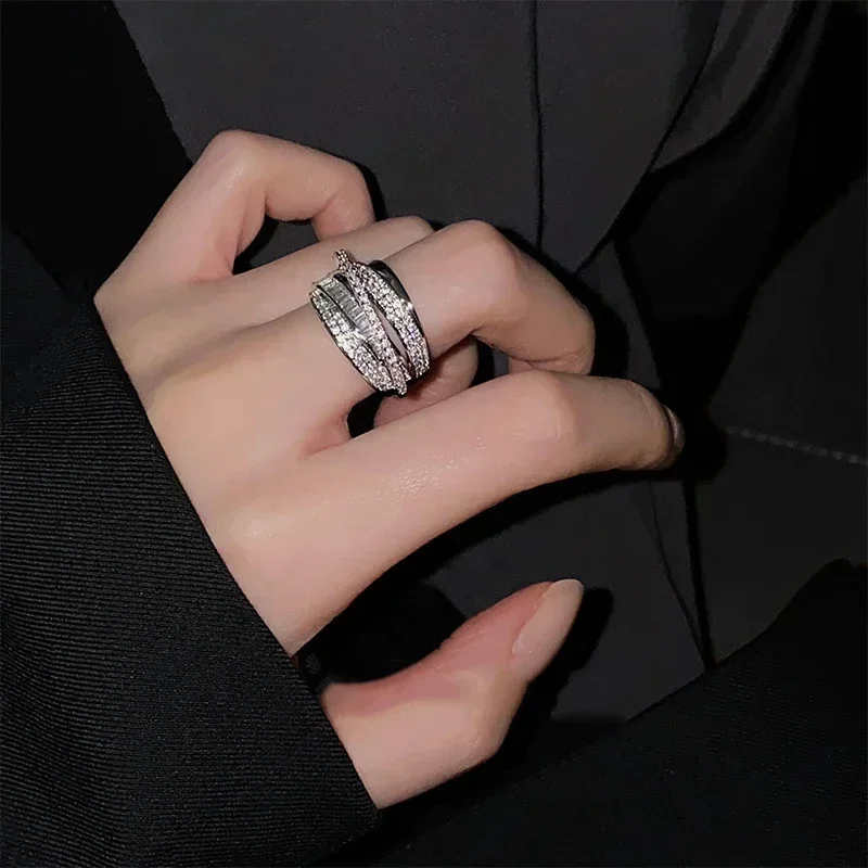 Korea Fashion Jewelry Silver Color Zircon Ring Elegant Women's Opening Adjustable Wedding Gift Luxury Accessory wedding rings finger rings zircon rings couple rings crystal rings