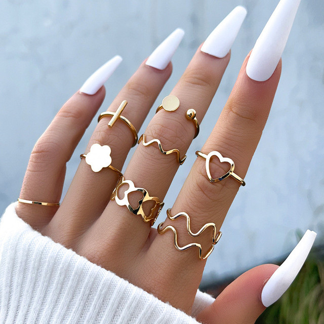 Color Hollowed Heart Shape Open Ring Set Design Cute Fashion Love Jewelry For Women Girl Gifts Adjustable Birthday Party