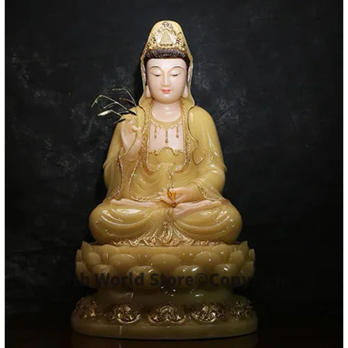 

30cm LARGE- high-grade home TOP efficacious Talisman Mascot Guanyin Buddha Topaz jade gilding carving Sculpture statue
