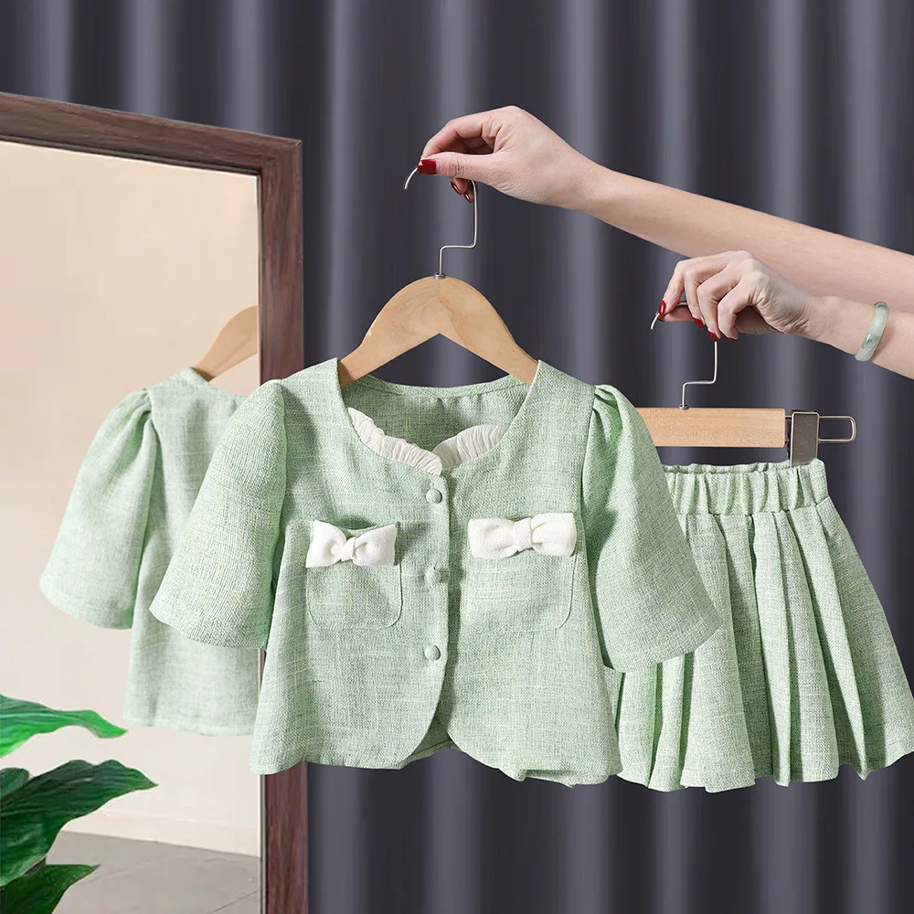 Girls Sweet Princess 2pcs Suits Children Baby Kids Summer Short sleeved Bow Tops + Pleated Skirt Sets Birthday Party