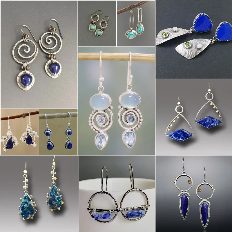 Vintage Hollow Spiral Blue Stone Drop Earrings for Women Tribal Jewelry Metal Antique Silver Color Whirl Ethnic Earring Gifts
