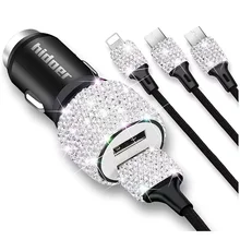 Bling USB Car Charger 5V 2.1A Dual Port Fast Adapter with Type C Micro USB 3 In 1 Multi Charging Cable for IPhone Ipad Android