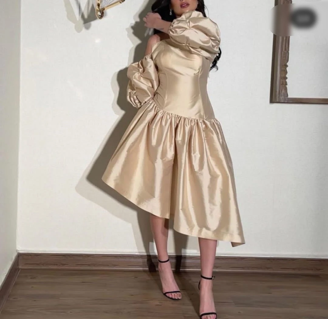 

AsaNagi Champagne Satin Evening Dress Women Off Shoulder Asymmetric Simple Party Prom Gown 2023 Saudi Arabia فساتين السهرة