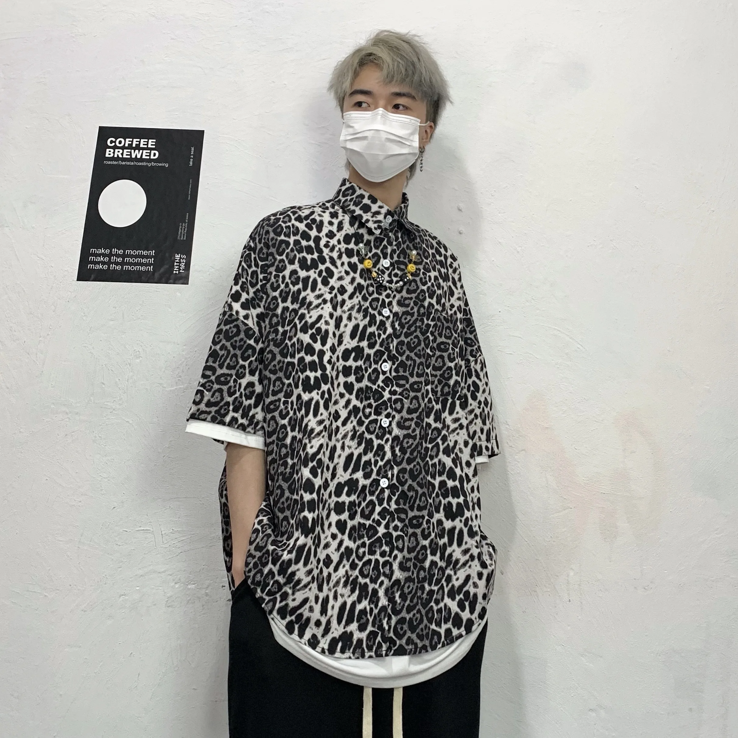 Summer Short Sleeve Leopard Shirt Men Ulzzang Ins Loose Punk Gothic Blouse Dance Hip Hop Streetwear Sexy Boy Male Korea Shirts