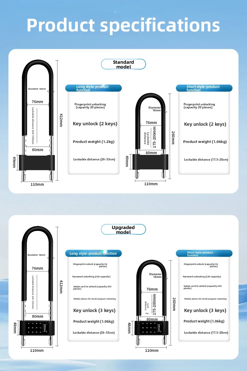 Combination lock, U-shaped lock, fingerprint lock, double-door shop U-shaped bol