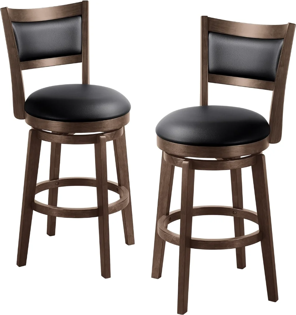 

26" Counter Height Barstools Set of 2 - High Back Swivel Bar Stools with Black Faux Leather Upholstered Seat