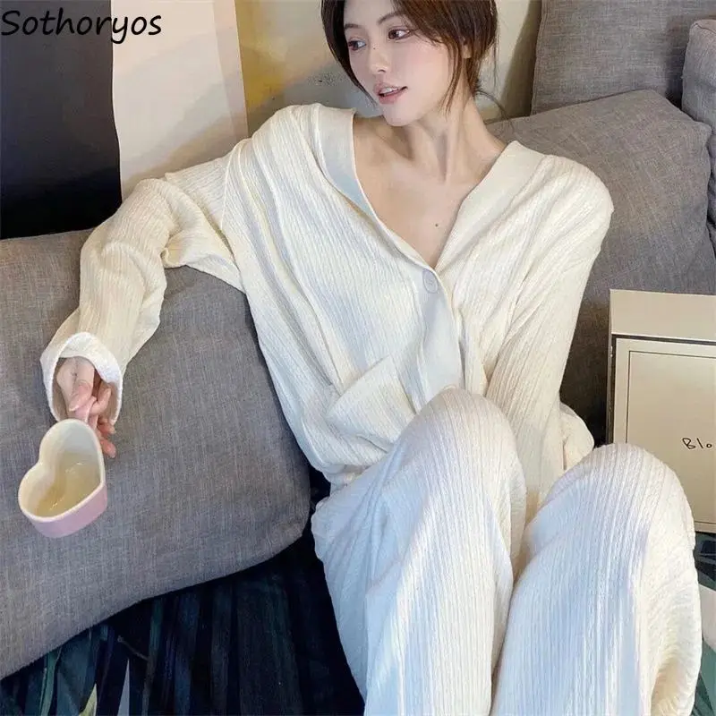 

Pajama Sets Women Simple Pockets Comfortable Elegant Loose Daily Retro Design Basic Autumn Casual Korean Style Classic Trendy