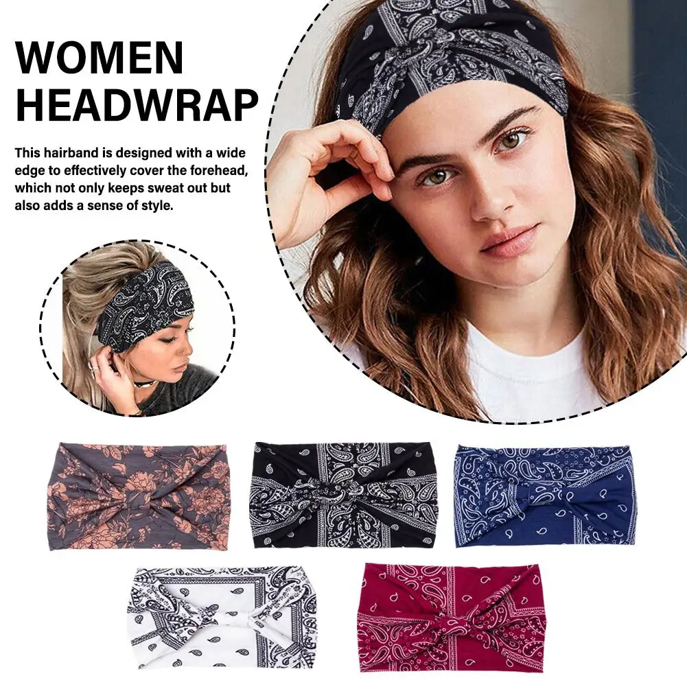 Vintage Cross Knot Elasticity Head Bands Print Head Hair Bands Girls Sweat Wide Accessories Brim Breathable Hair Wrap Absor J3K9