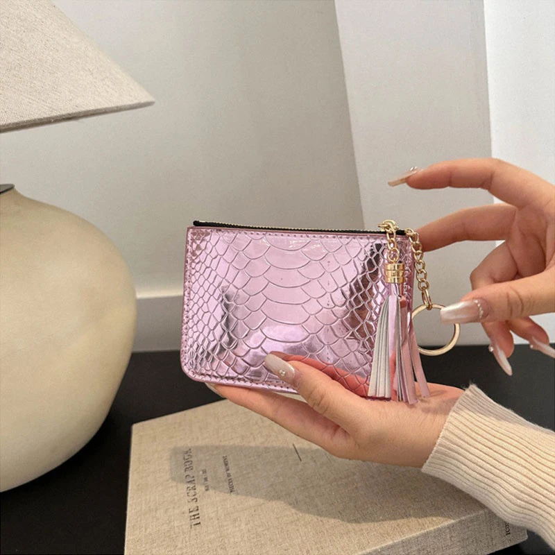 1PC Crocodile Print Laser Color PU Leather Tassel Retro Women's Wallet Card Holder Female Purses Lady Handbag
