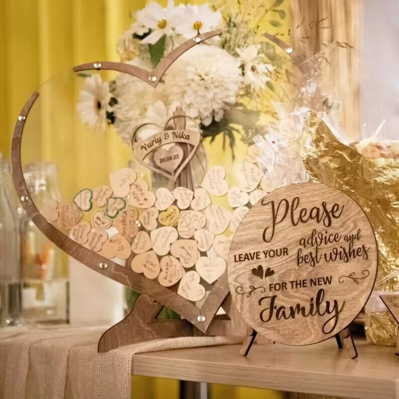 Wooden Sweet Heart-shaped Wedding Guest Book 3D Engraved Transparent Guest Drop Box Welcome Card Decorations