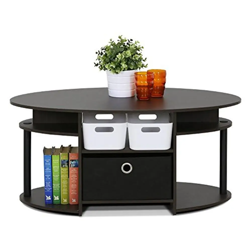 side end table lift top coffee table Oval Coffee Table with Built-in Shelves and Bin Simple Design E1 Grade Composite Wood Fits Any Room and Budget Walnut Color Easy