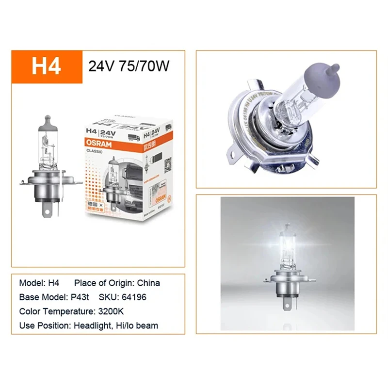 OSRAM Original Truck Lamp 64196 H4 24V 75/70W P43t 3200K CLASSIC High beam/near beam standard lamp OEM quality bulbs 3