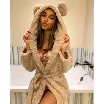 Women Warm Kimono Robe Plush Fleece Bathrobes Soft Long Sleeve Animals Ears Hooded Night-robe Loungewear Pajama Sleepwear