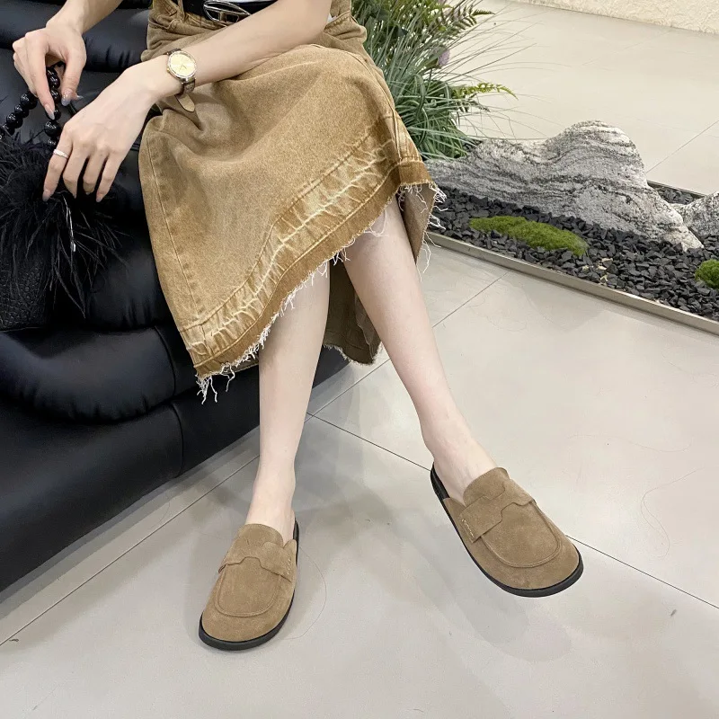 

Shoes Loafers Slippers Casual Cover Toe Slides Slipers Women Female Mule Low Luxury Flat 2023 Mules Rome PU Rubber Basic Hoof He