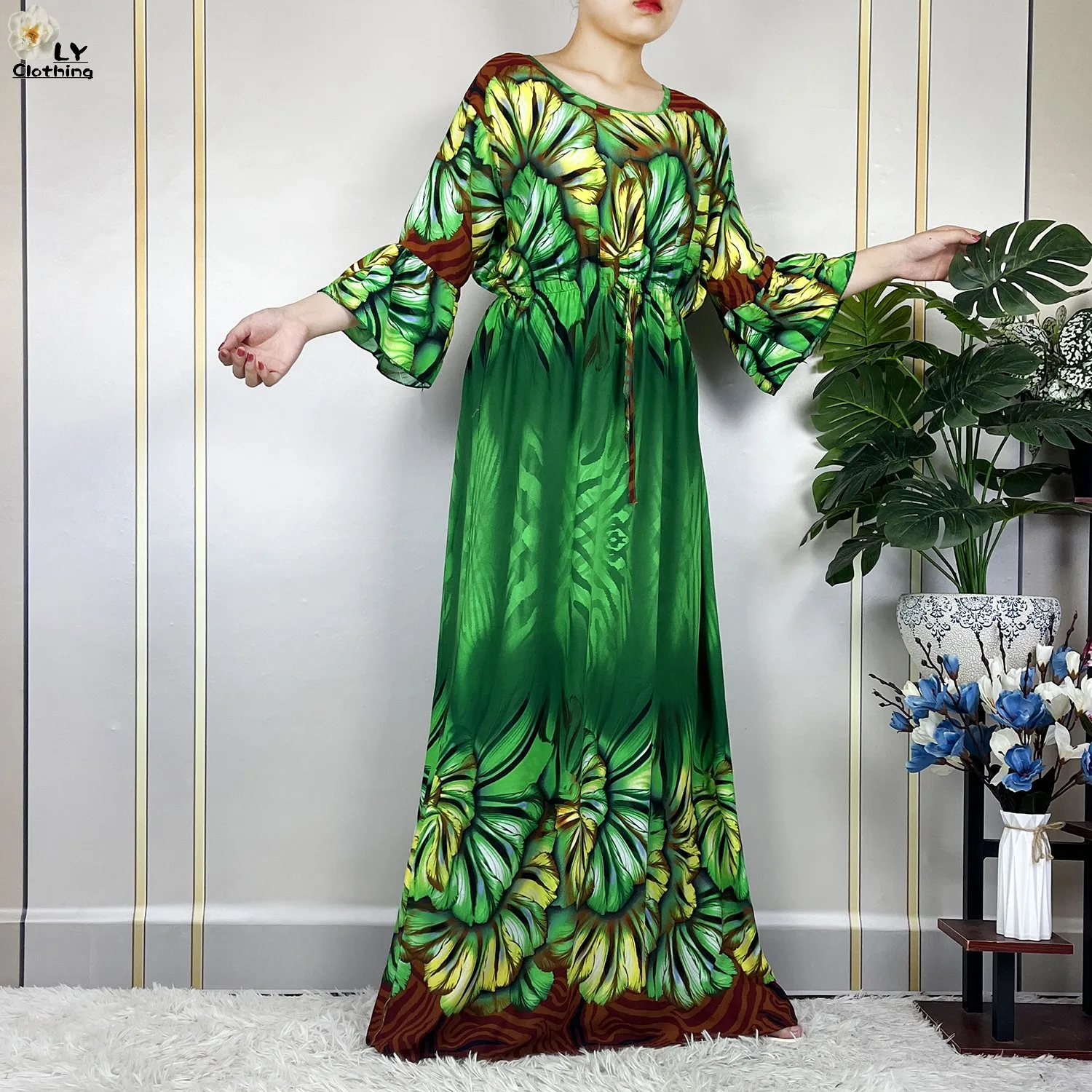 2023 New African Women Summer Fashion Dress With Big Scarf Dubai Maxi Lady Half Sleeve Collect Waist Printing Floral Casual Robe