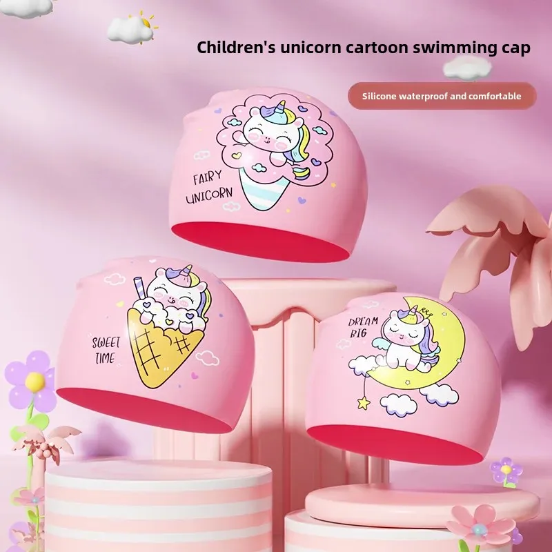 Waterproof Silicone Swimming Cap Cute Cartoon Unicorn Design Comfortable No Headache For Children Women's And Baby Students