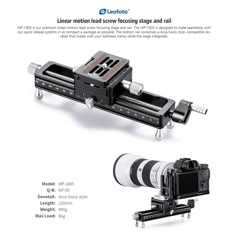 Leofoto MP 180S Macro Focusing Rail Photography Camera Rail Slider Video Record Track Desktop Shooting 1/4 Screw for DSLR Camera camera track slider