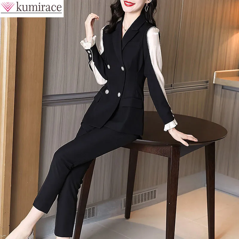 2022 Summer New Sexy Lace Elegant Women's Pants Suit Lotus Sleeve Blazer Jacket Casual Trousers Two-piece Set Female Tracksuit ladiguard plus size men fashion two pieces set casual t shirt half pants sexy mens clothing 2022 summer 3d print tracksuit set