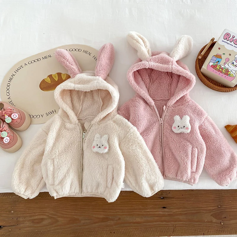 Plush baby girls boys jacket spring autumn keep warm zipper hooded outerwear cute rabbit bear infant coat 0-5 years kids clothes