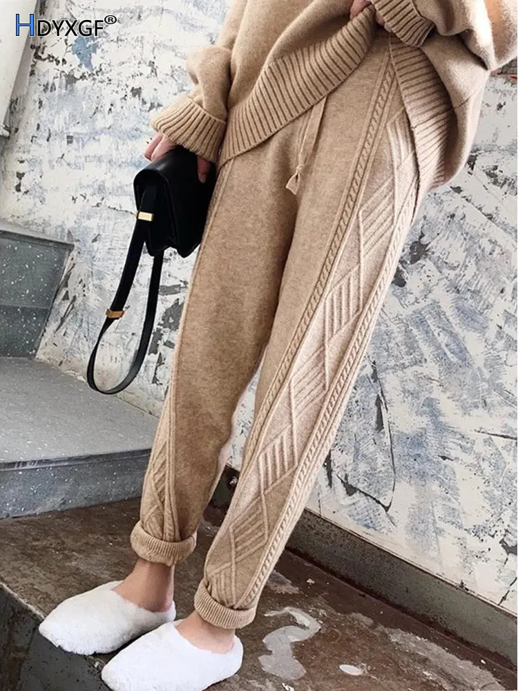 

Autumn Winter Warm Knitted Harem Pant Femee High Waist Casual Drawstring Ankle-length Trouser Korean Baggy Sweater Pantalone New