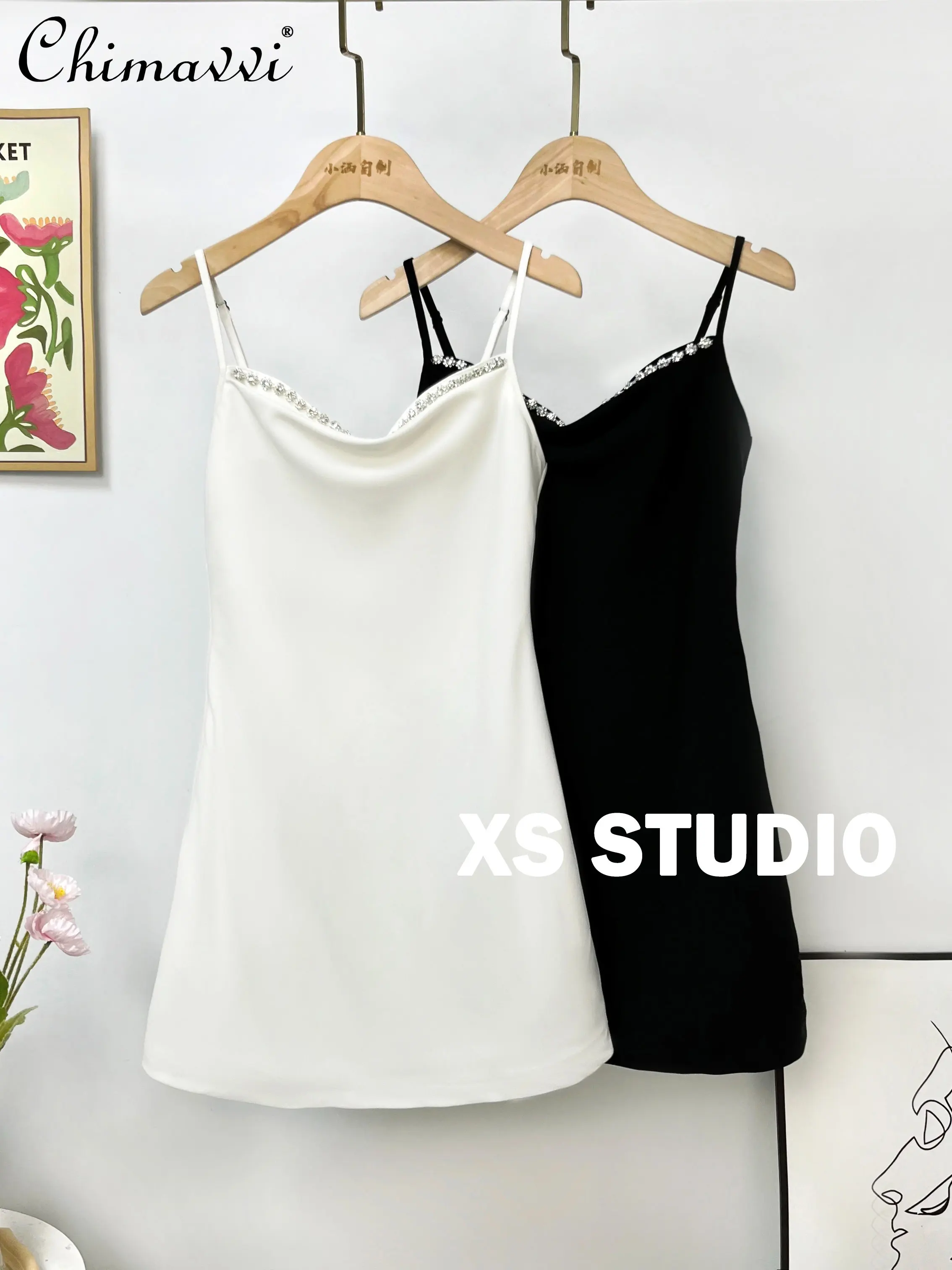 

French Style Temperament Drill Chain Advanced A- line Short dress 2023 Spring Summer New Suit Fabric Black Strap Dress for Women