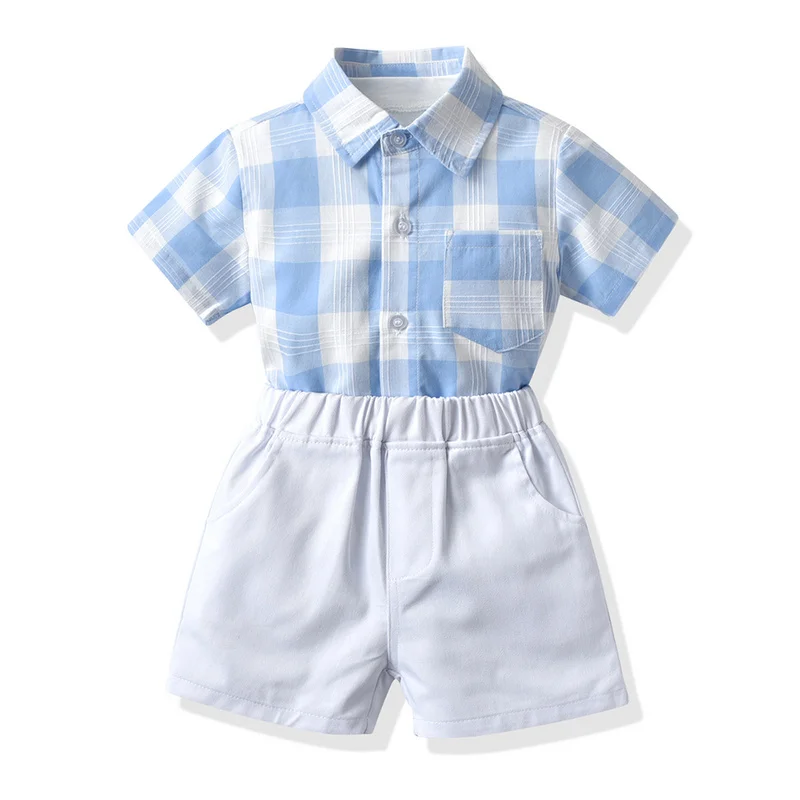 top and top New Summer Fashion Kids Toddler Boys Gentleman Clothing Sets Plaid Shirt+White Tshirt+Shorts 3PCS Boy Casual Suit