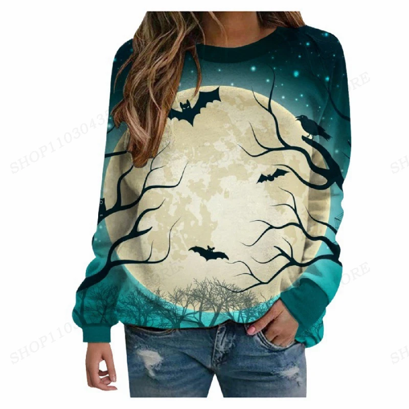 

2023 Autumn Pullover Round Neck Halloween 3D Bat Print Long Sleeve Loose Style Women's Travel Hoodie Fashion Versatile Coat