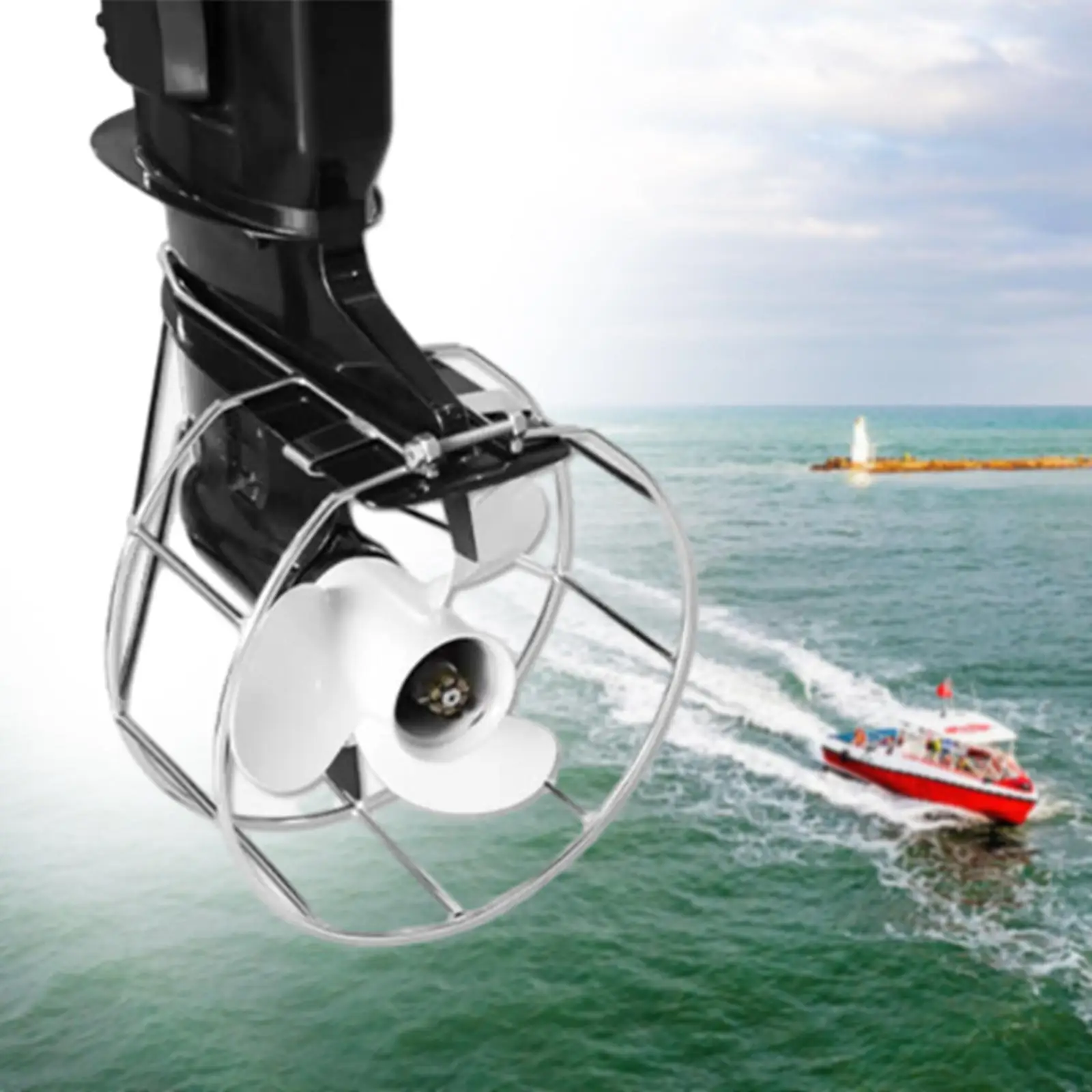 Outboard motor propeller protective cover, safety cage, propeller net