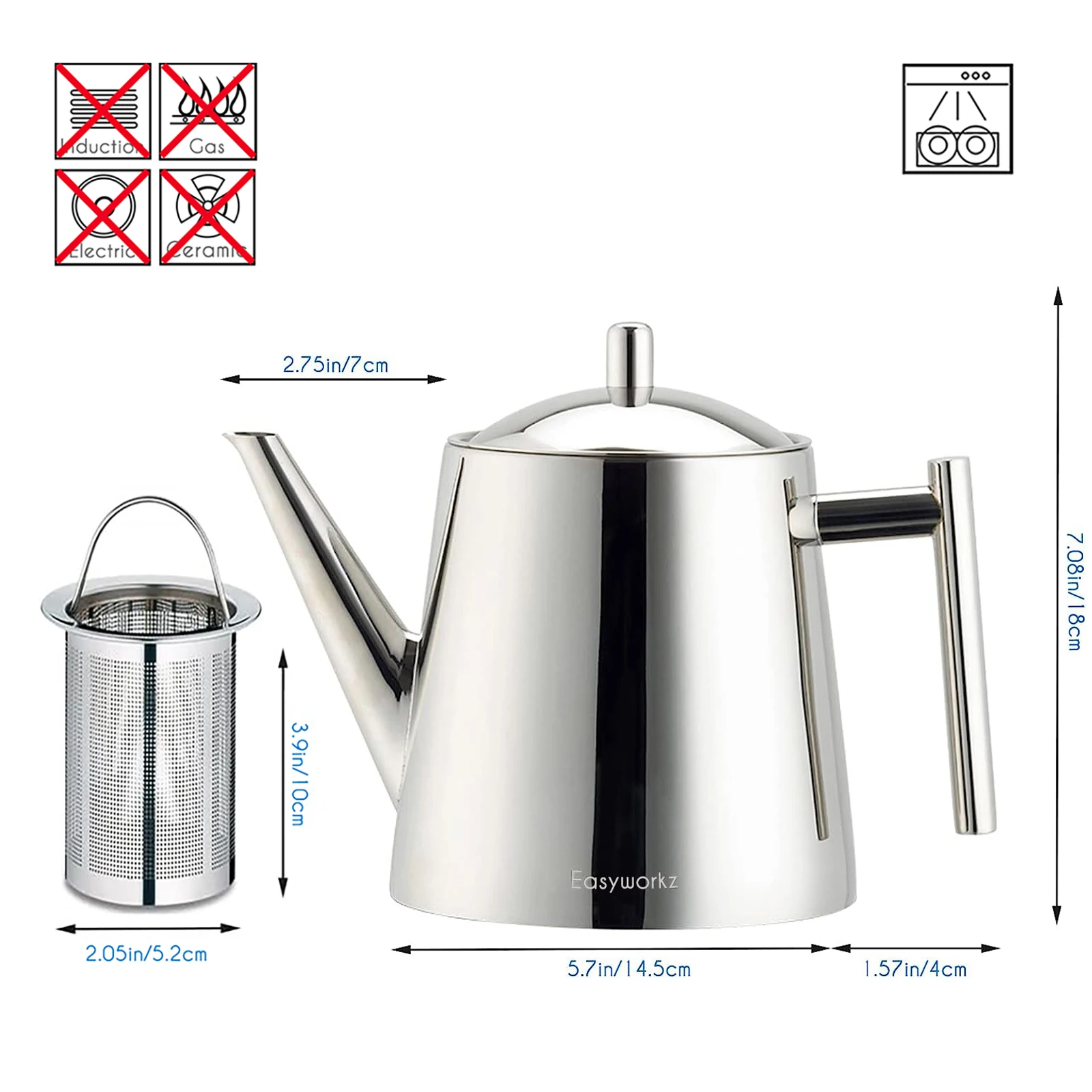 Teiera in acciaio inox 0 52L con infusore rimovibile e manico Teiera in acciaio inox 0 52L con infusore rimovibile e manico