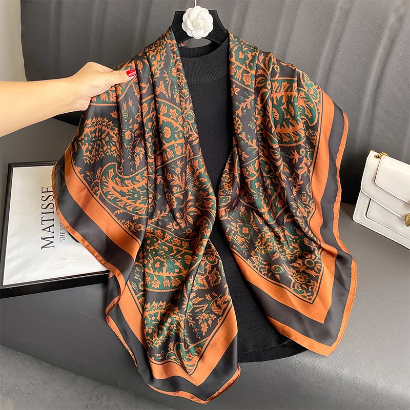 

Женский атласный шелковый квадратный шарф 110X110 см, модный дизайн с принтом, большая шаль, универсальный хиджаб, элегантная женская бандана, шарфы
