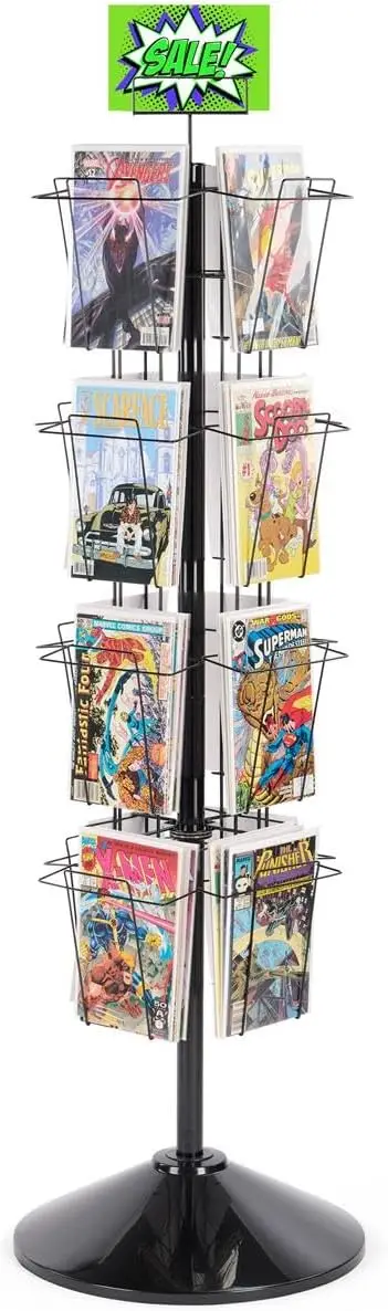 59" Tall Metal Wire Rotating Magazine Rack with 16 Pocket and Sign Holder - Black (WSFM416PB)
