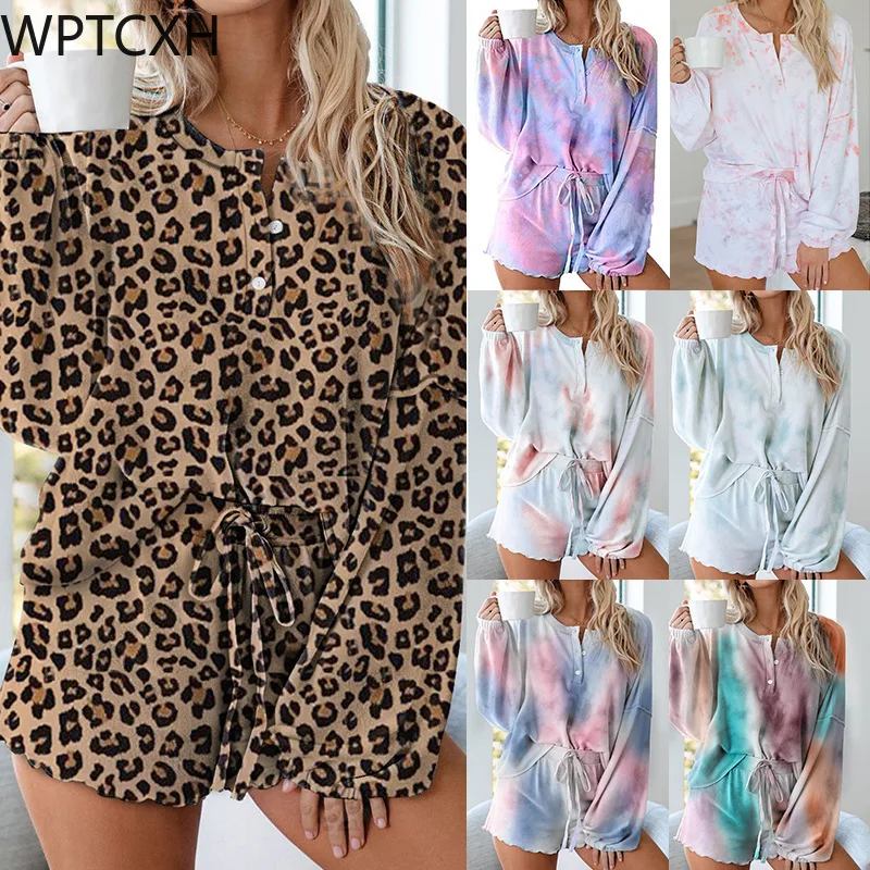 

Summer Autumn Women Pajamas Round Neck Tie Dye Printed Sleepwear Casual Long Sleeve Shorts Two Piece Loungewear Set Home Wear