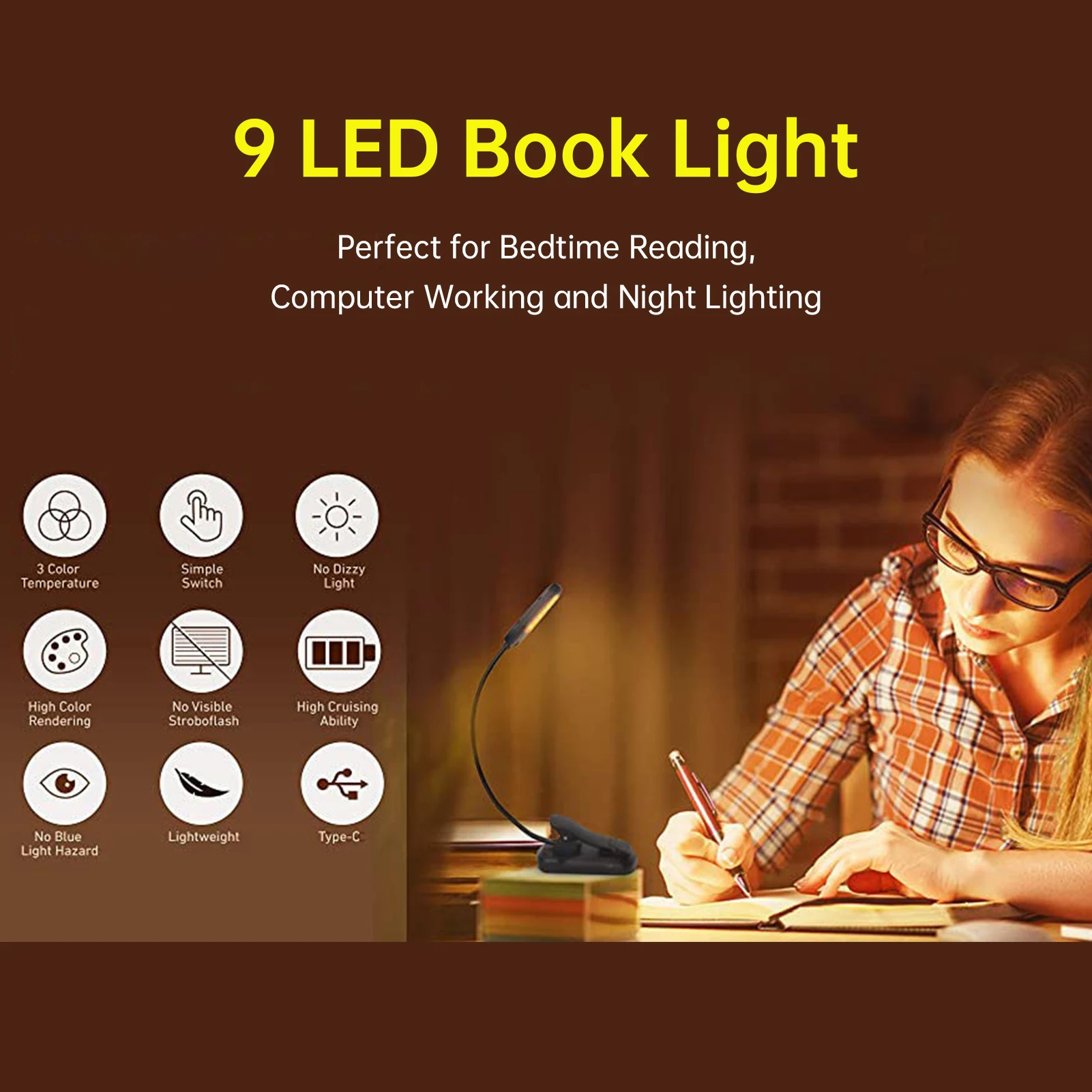Reading Lights for Books in Bed Portable Clip-on LED USB Rechargeable Lamp Eye-protection in 3 Colors & 3 Brightness for Kids