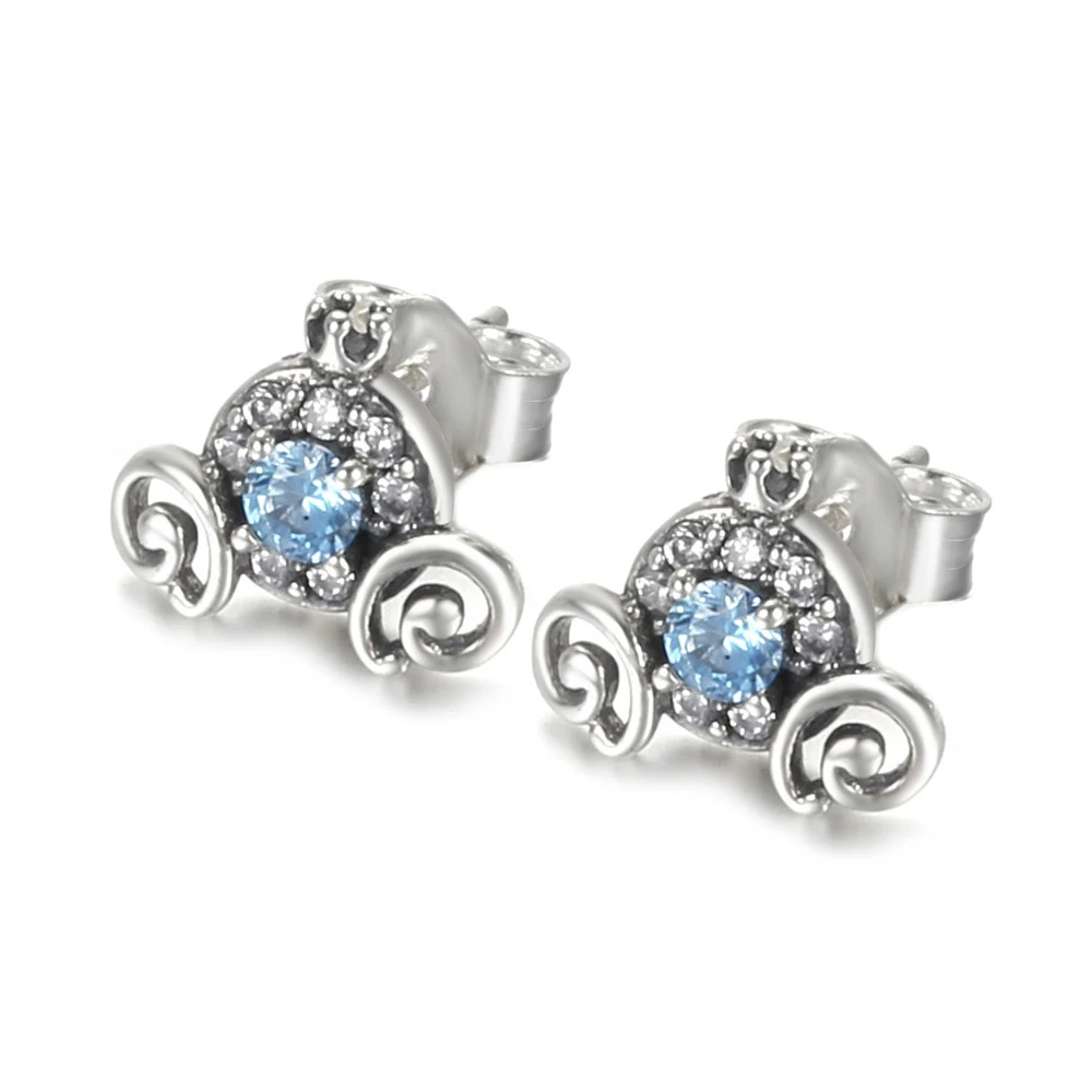 

Authentic 925 Sterling Silver Disn Blue Pumpkin Carriage Fashion Stud Earrings For Women Gift DIY Jewelry