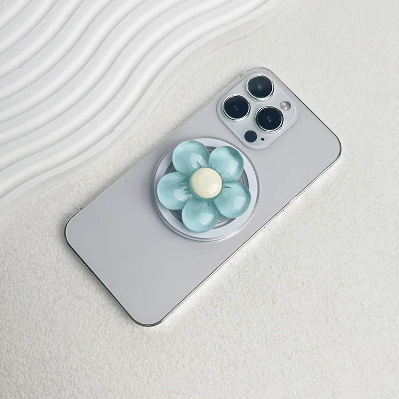 Magnetic Floral Retractable Phone Grip and Foldable Stand in Transparent Candy-Colored Resin