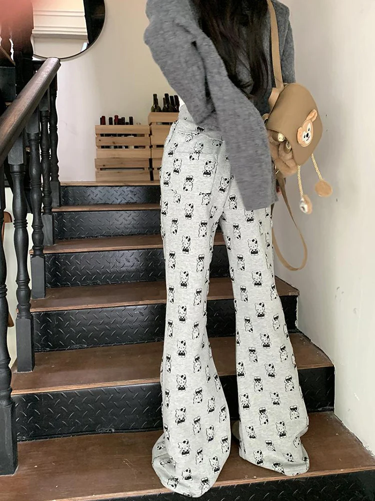 HOUZHOU Japanese Y2k Sweatpants Women Cartoon Print Harajuku Vintage High Waist Flared Pants Casual Kawaii Trousers Streetwear