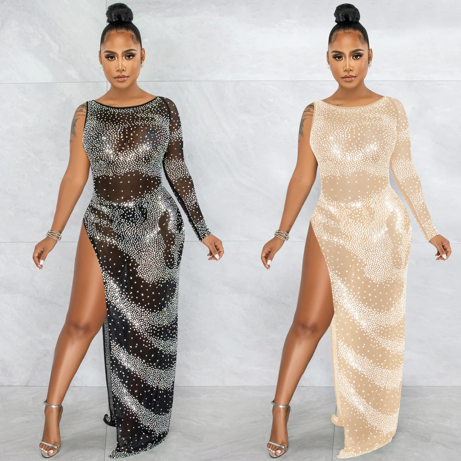 QILI Sexy One Shoulder Diamones Dress 