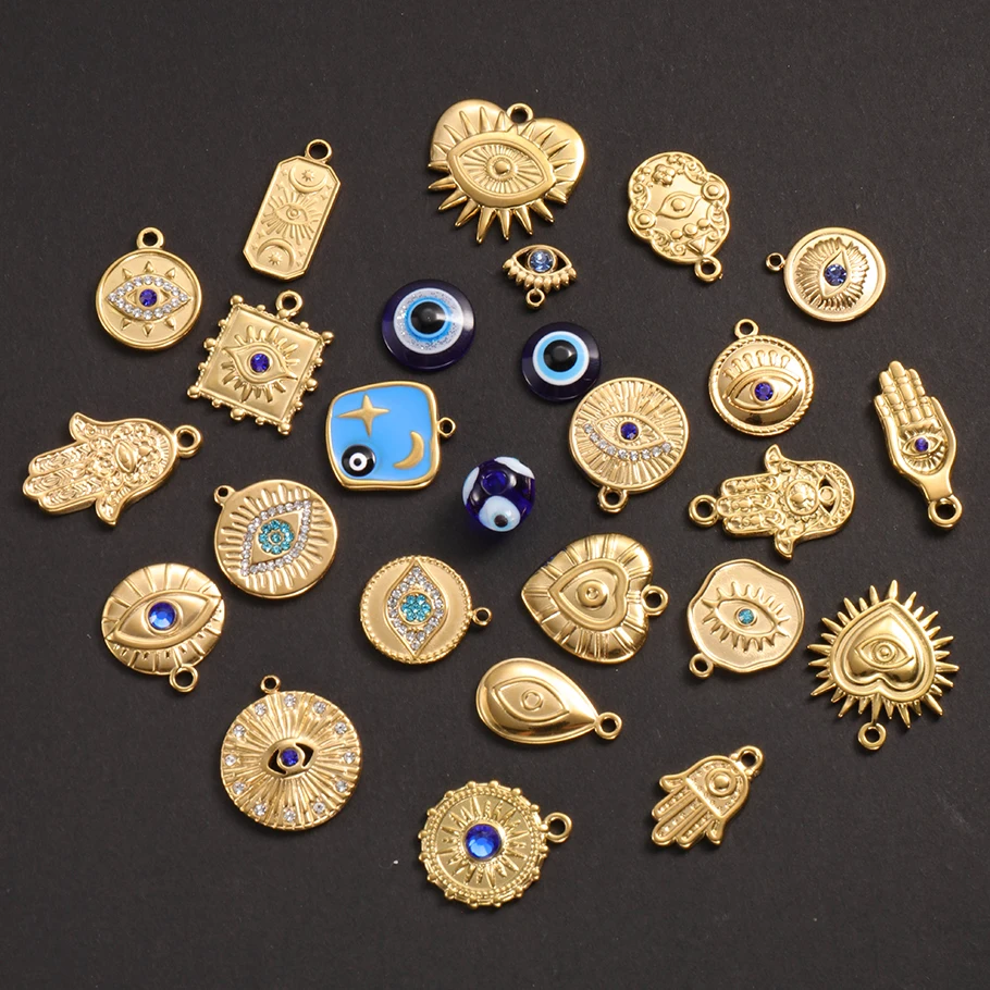 5 Stück Vintage handgefertigte blaue Öltropfen-Strass-Böser-Blick-Anhänger aus Hasama-Edelstahl mit Herz-Auge-Motiv für die Schmuckherstellung