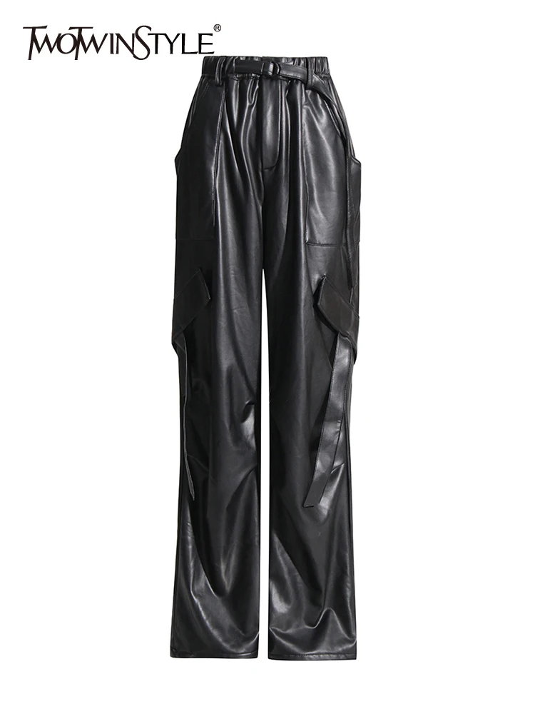 

TWOTWINSTYLE Leather Spliced Lace Up Pants For Women High Waist Patchwork Pockets Vintage Minimalist Pant Female Fashion Clothes