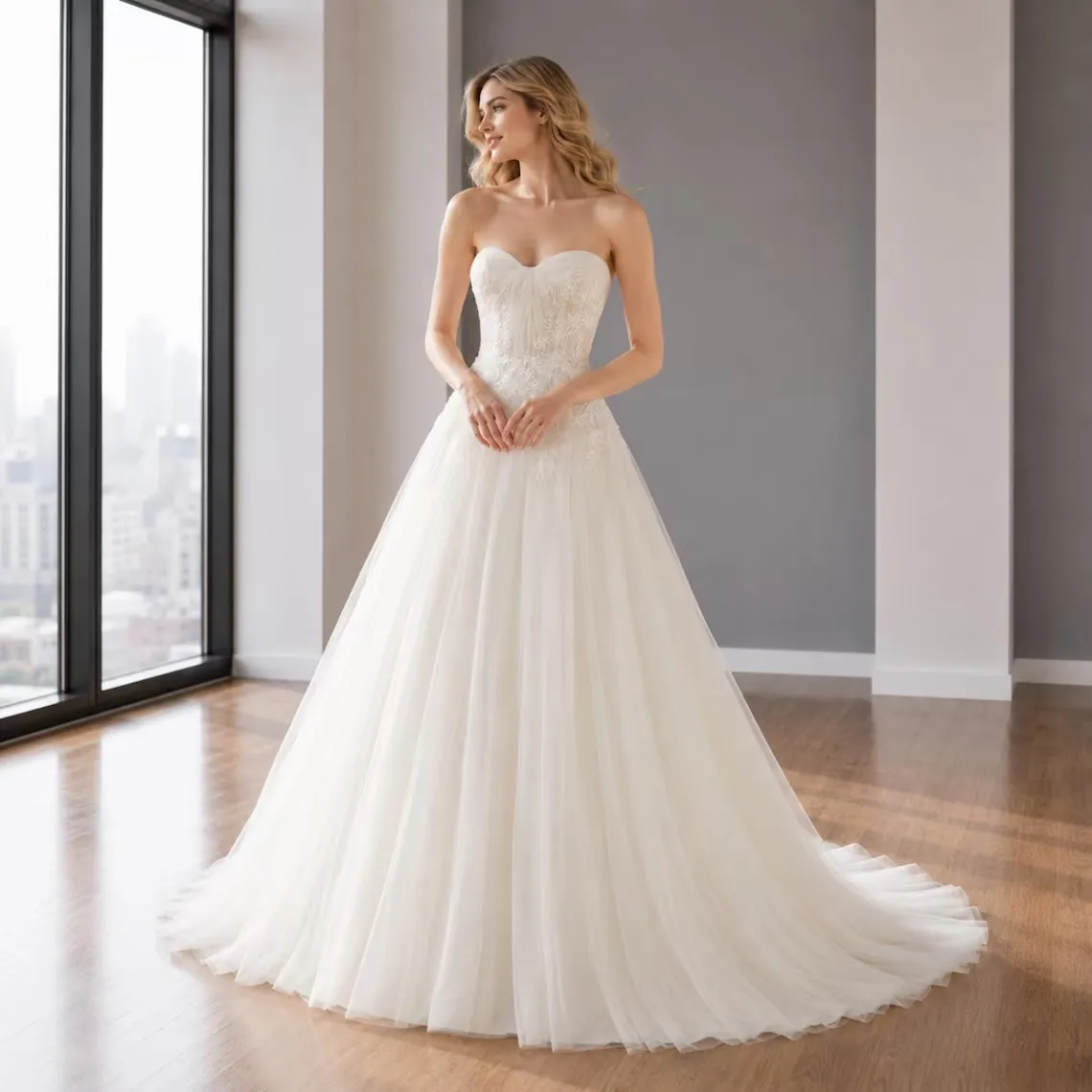 Abiti da Sposa Personalizzati Stile Principessa, Senza Spalline, in Tulle, con Applicazioni in Pizzo, Pieghe, Abiti da Sposa da Favola - immagine 4