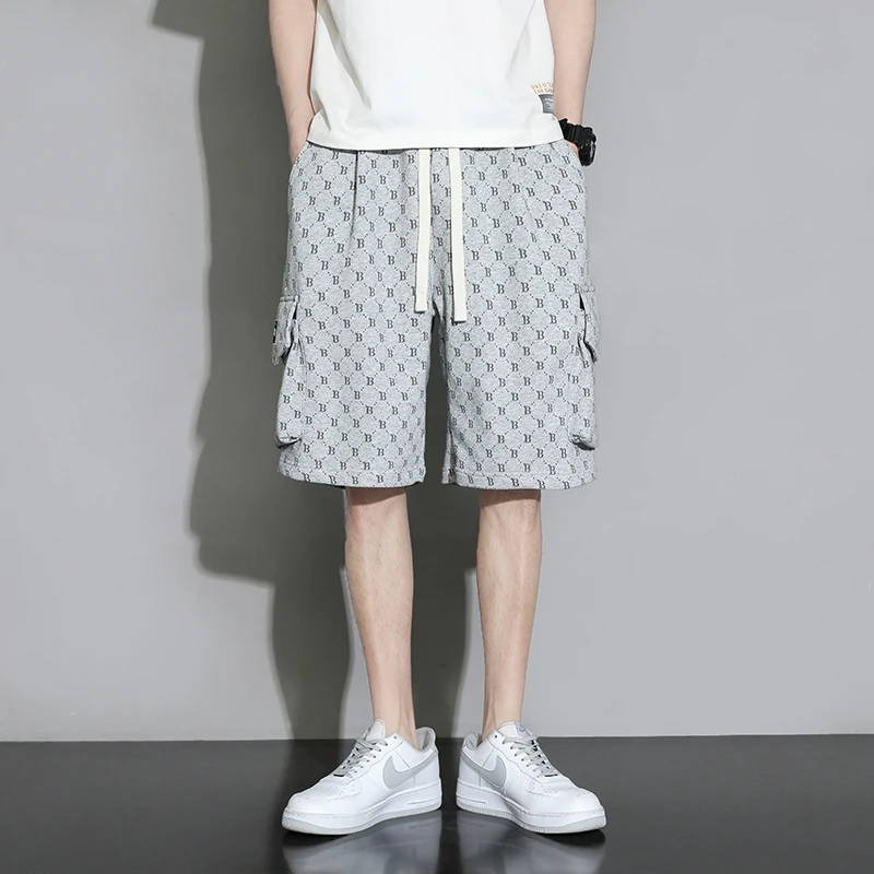Stylish Korean Letter Printed Casual Shorts Pockets Men's Clothing Commute Loose Straight Summer Elastic Drawstring Knee Pants