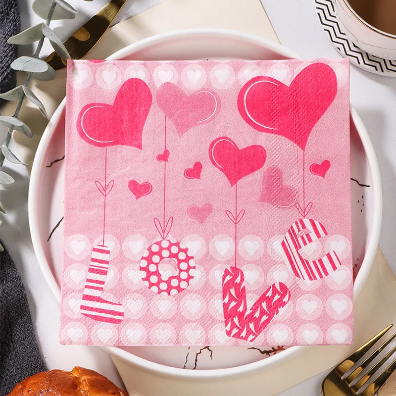 Lover Heart Rose Printed Paper Disposable Wedding Handkerchief Tableware Napkin Tissues 20Pcs/pack Party Decoration