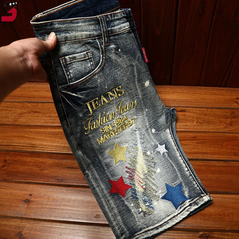 High-End Fashion Brand Ripped Denim Shorts Men's Summer Embroidery Trend Retro Distressed Fashion Casual Motorcycle Shorts