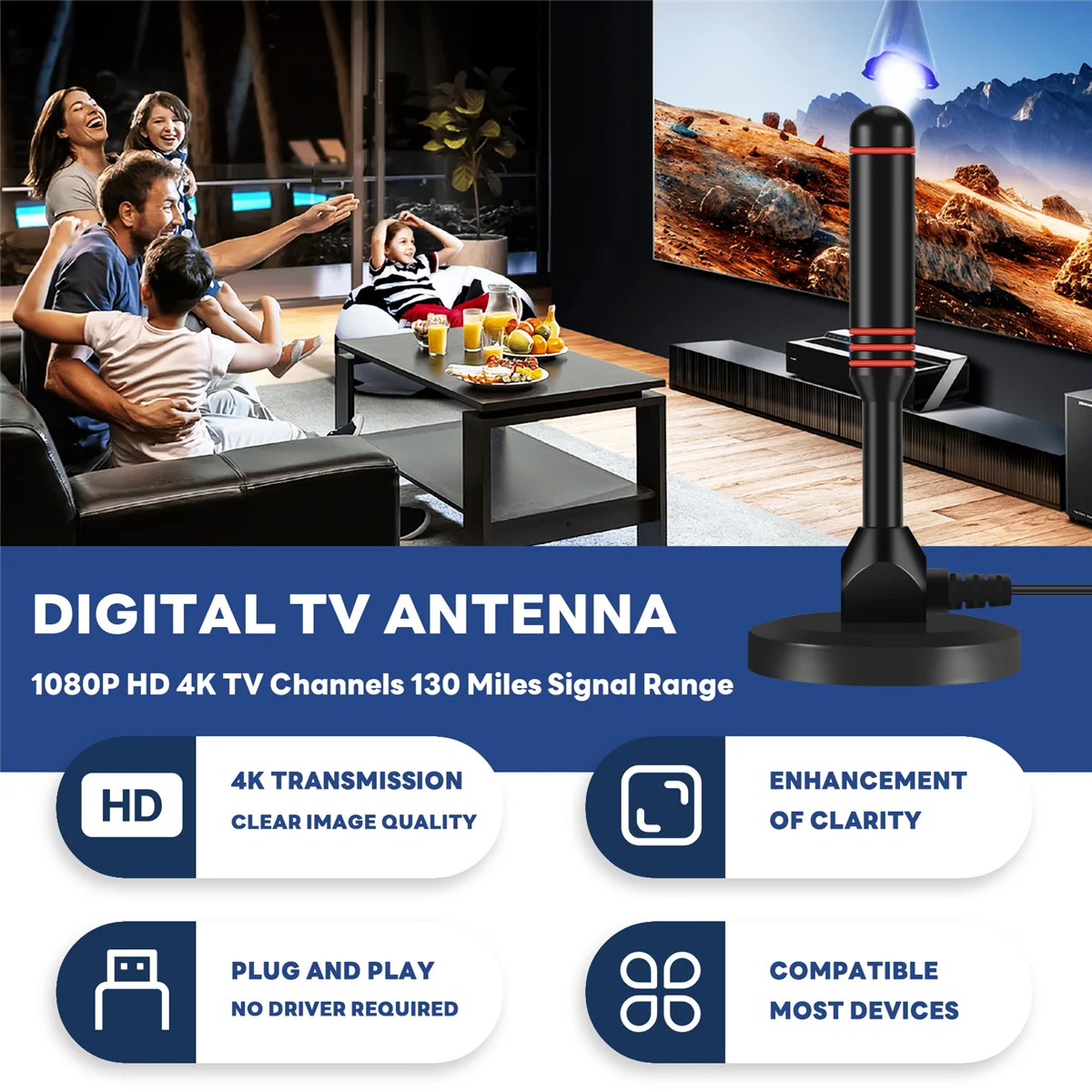 Digital TV Antenna Indoor HDTV Antenna with Smart Signal Digital TV 1080P 4K Channels 130 Miles Signal Range