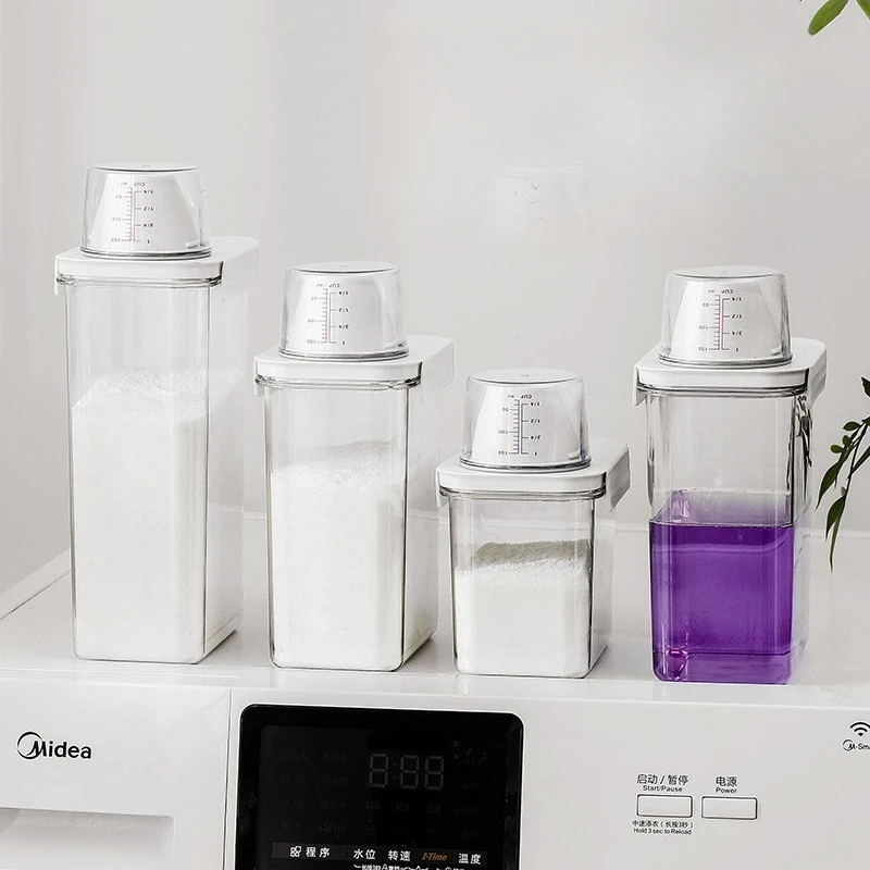 Portable Washing Powder Dispenser with Measuring Cup Airtight Laundry Liquid Storage Jar for Laundry